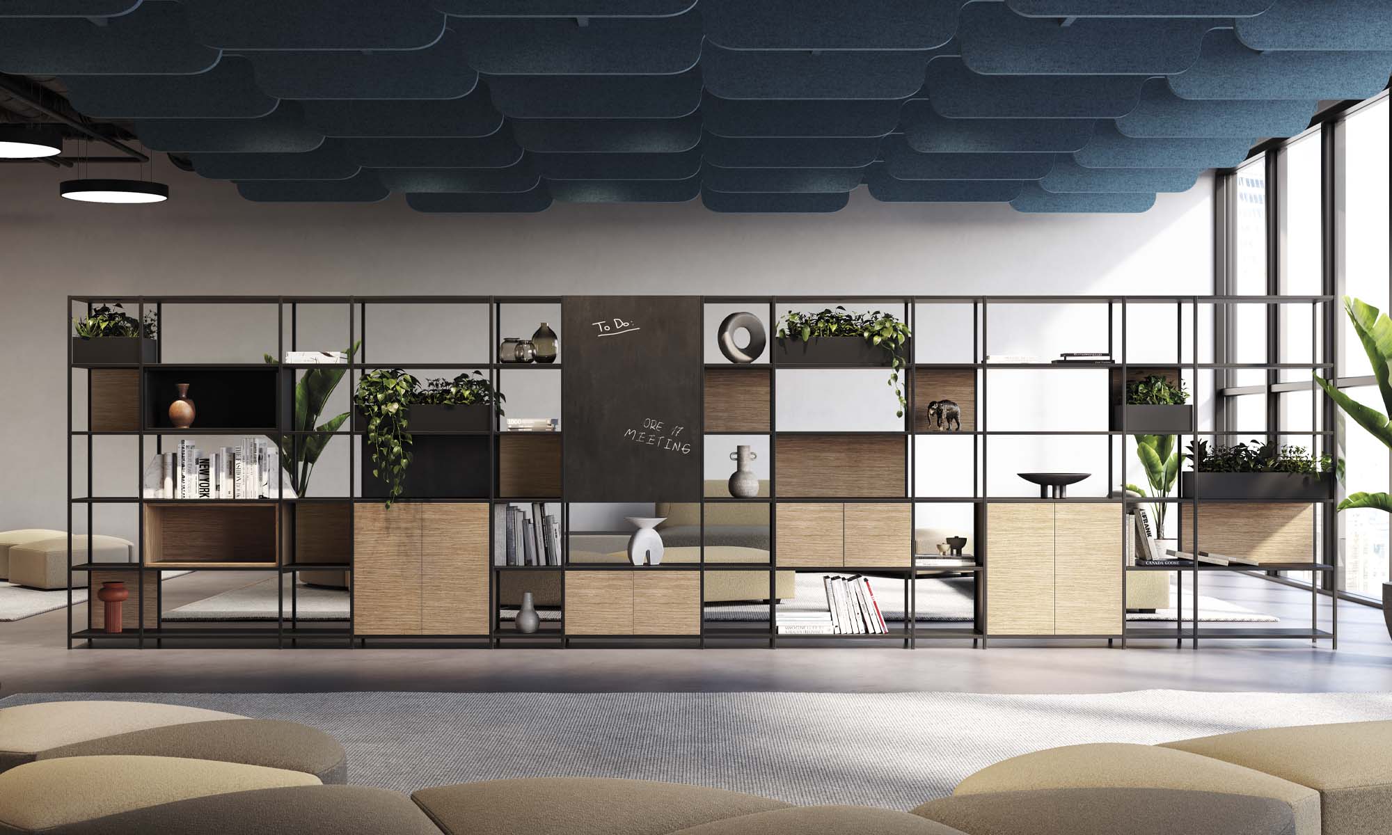 The Phylo Office Bookcase develops micro architectures designed to separate and contain in total lightness and freedom.