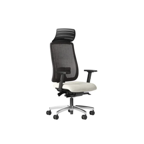 Sedia ufficio ergonomica Denzel nera con poggiatesta, vista di tre quarti – Frezza