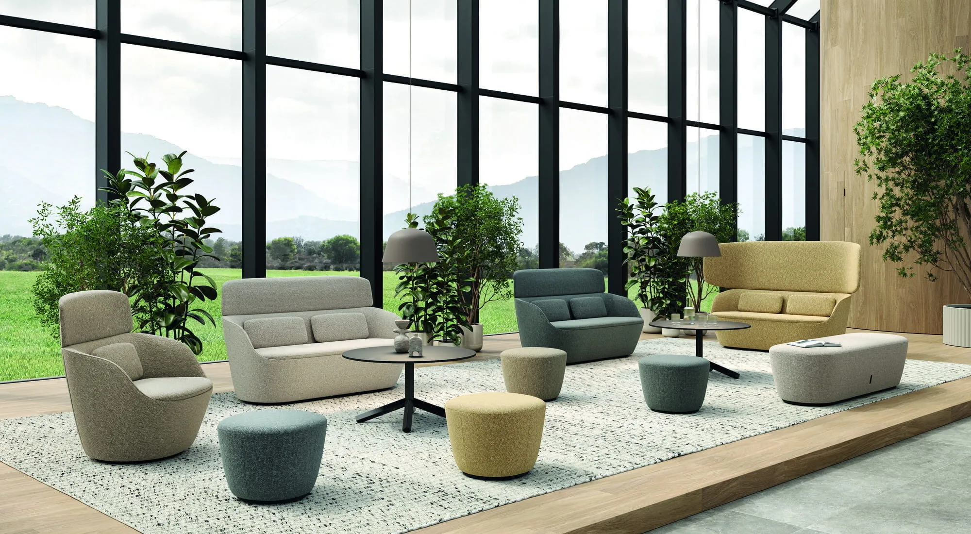 Hotel furniture: upholstered sofas, armchairs and poufs in a lounge with panoramic windows
