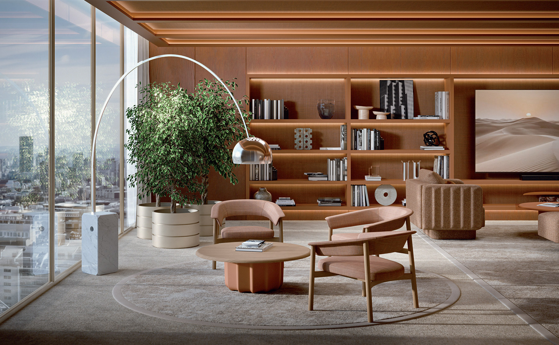 Collection Lash de chaises design en bois : Lounge Chair et Chair en tissu rose poudré avec structure en chêne naturel, associées à une table basse dans un salon de direction luxueux avec bibliothèque et vue sur la ville — Frezza