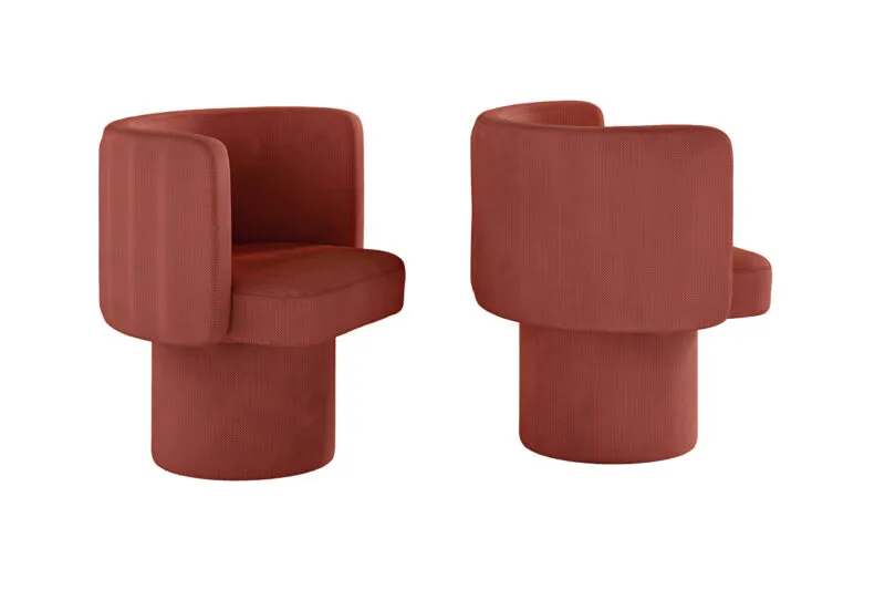 Fauteuil pivotant design italien Sabree en terracotta, vues frontale et de profil avec base cylindrique et dossier semi-circulaire — design contemporain