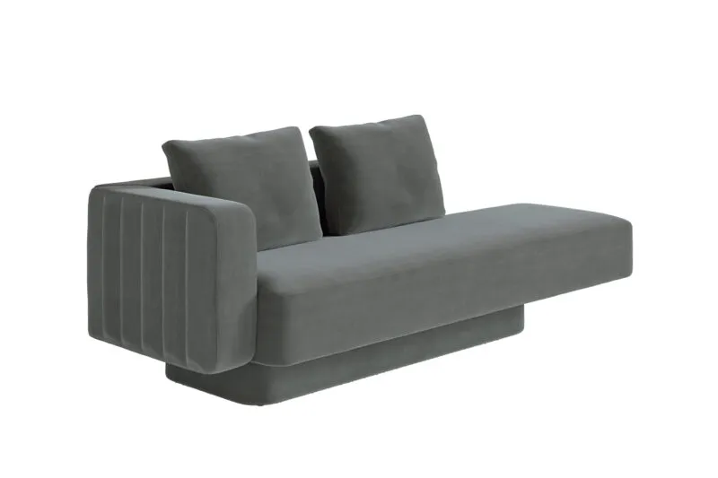 Canapé designer luxe Sabree chaise longue en gris anthracite, vue trois-quarts révélant les flancs ondulés caractéristiques — design italien contemporain