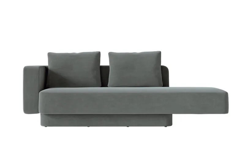 Canapé designer Sabree chaise longue en tissu gris anthracite, vue frontale avec socle en retrait et proportions architecturales — design italien haut de gamme