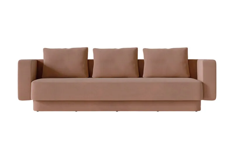 Canapé designer luxe Sabree trois places en tissu terracotta, vue frontale avec flancs ondulés et socle en retrait — design italien