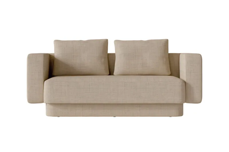 Canapé designer Sabree deux places en tissu sable, vue frontale avec flancs ondulés caractéristiques et socle en retrait — design italien haut de gamme