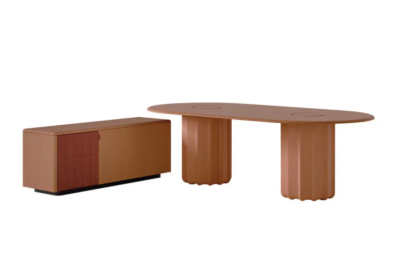 Buffet design haut de gamme Sabree en finition terracotta et ch&ecirc;ne, associ&eacute; &agrave; la table Sabree &mdash; langage formel coh&eacute;rent de la collection, design italien
