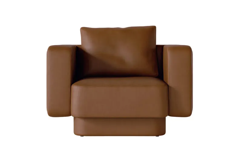 Fauteuil designer Sabree en cuir cognac, vue frontale avec coussin lombaire optionnel et socle en retrait — design italien haut de gamme