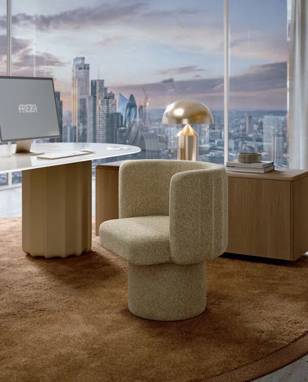 Sabree — Fauteuil pivotant design italien bouclé, pouf, vue skyline
