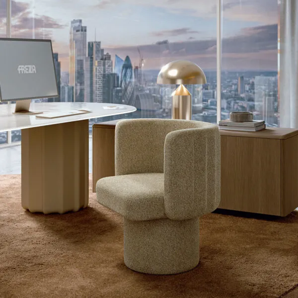 Sabree — Fauteuil pivotant design italien bouclé, pouf, vue skyline