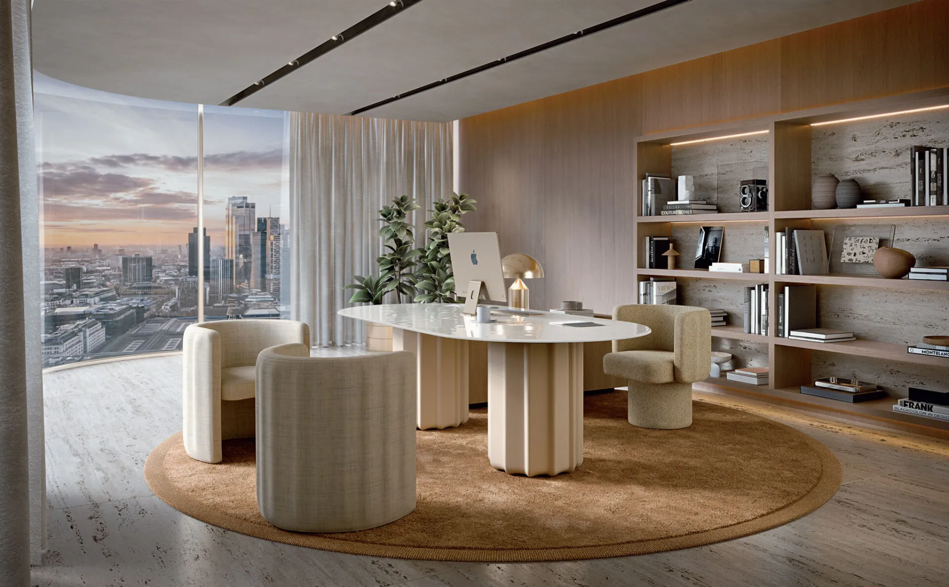 Poltroncine di design Sabree a pozzetto in tessuto panna in un executive office con tavolo ovale coordinato e vista skyline di Milano al tramonto