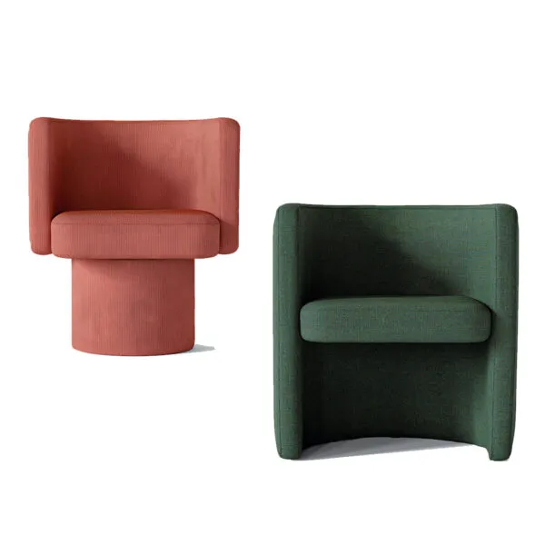 Fauteuil pivotant design italien Sabree en terracotta et fauteuil crapaud moderne en vert forêt, base cylindrique sculpturale et ligne enveloppante continue — design contemporain