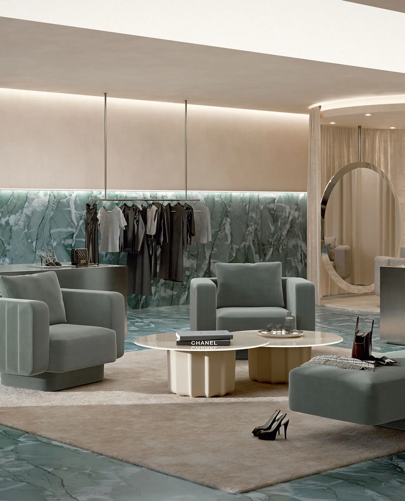 Fauteuil designer Sabree en tissu sage blue dans une boutique de luxe avec miroir rond et table basse en travertin — design italien haut de gamme