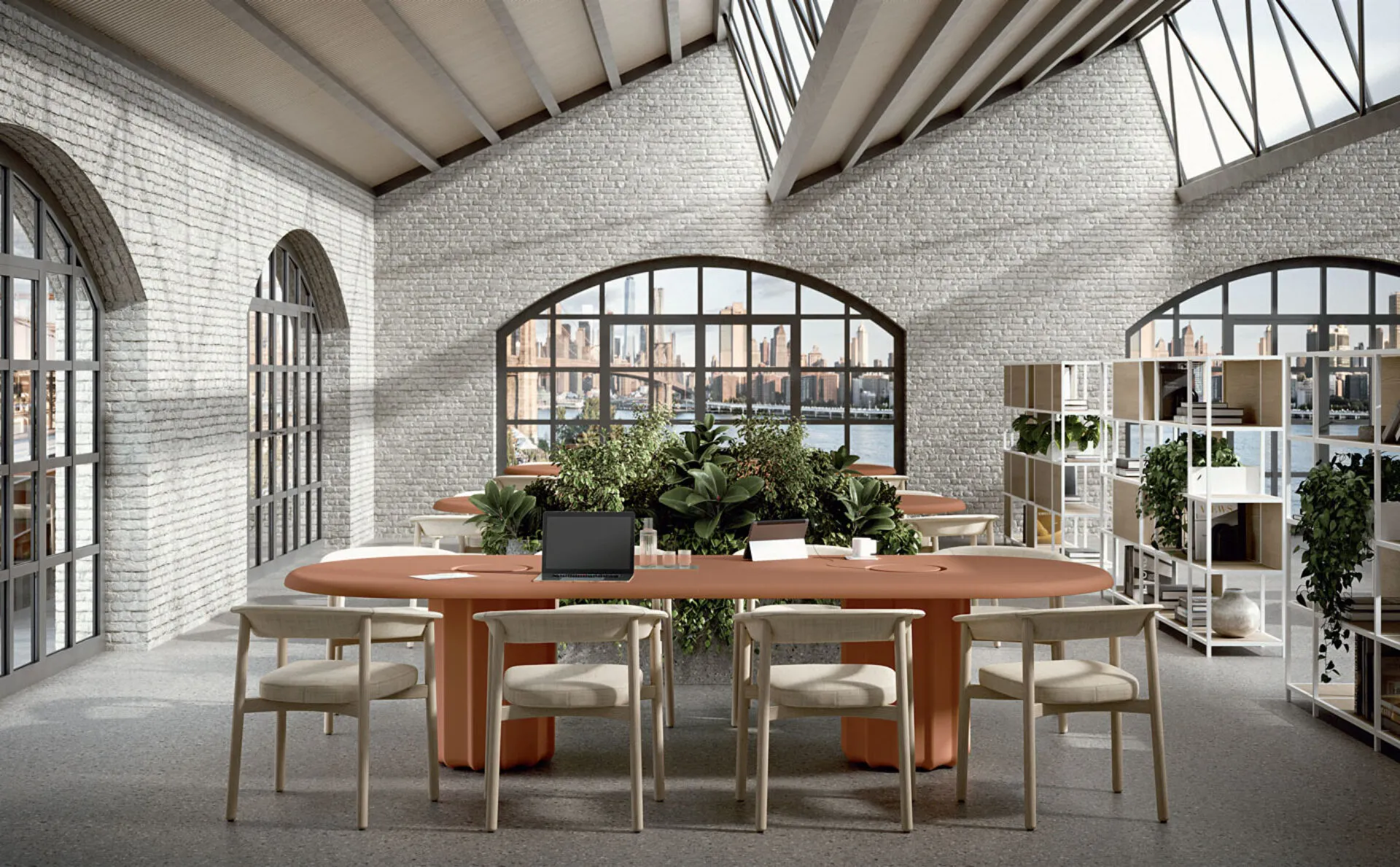 Sabree — Tavolo design ovale riunioni co-working, finitura terracotta