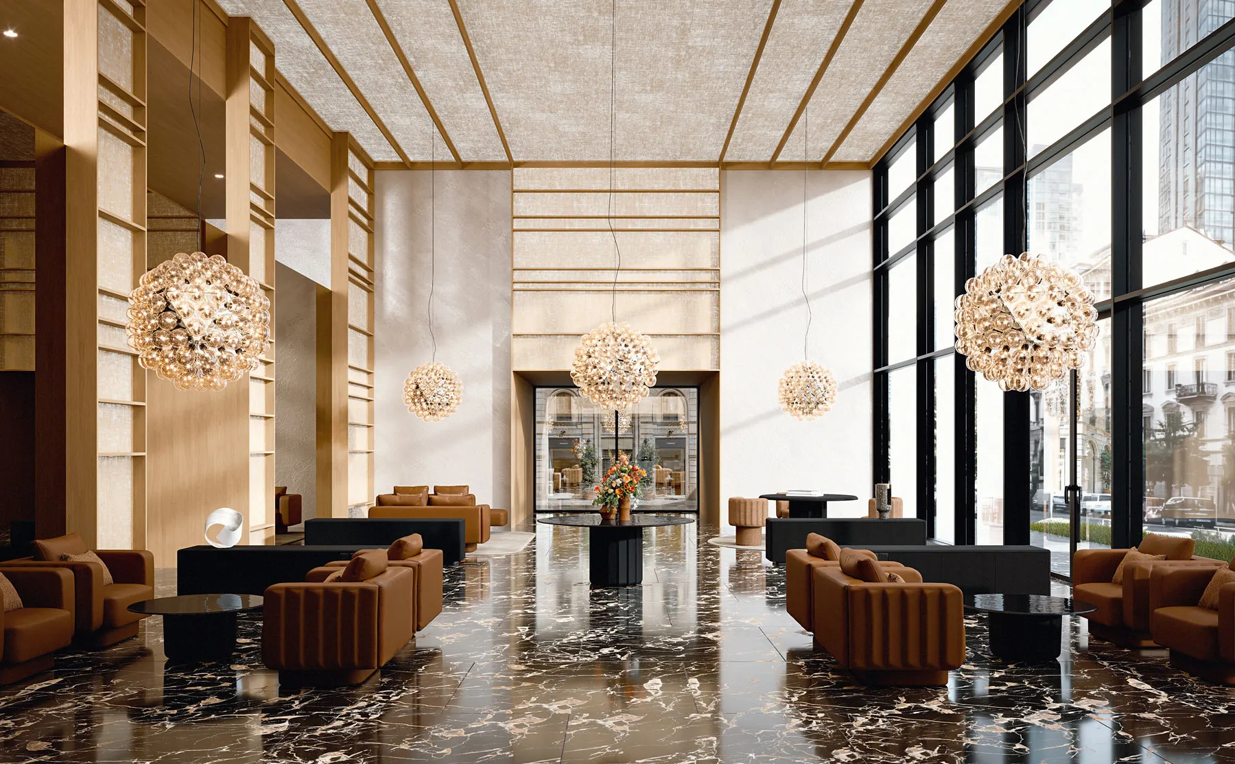 Table ronde design Sabree à pied central en lobby d'hôtel de luxe avec sol en marbre noir et lustres à sphères — Frezza contract