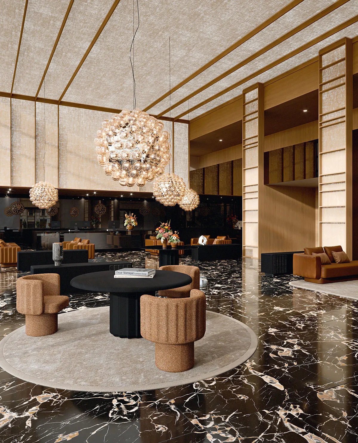 Table ronde design Sabree à pied central en finition noire dans un lobby d'hôtel de luxe avec sol en marbre et lustres à sphères — Frezza contract