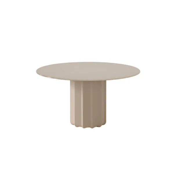 Table ronde design Sabree à pied central sculptural en finition greige ton sur ton, vue frontale sur fond blanc — Frezza