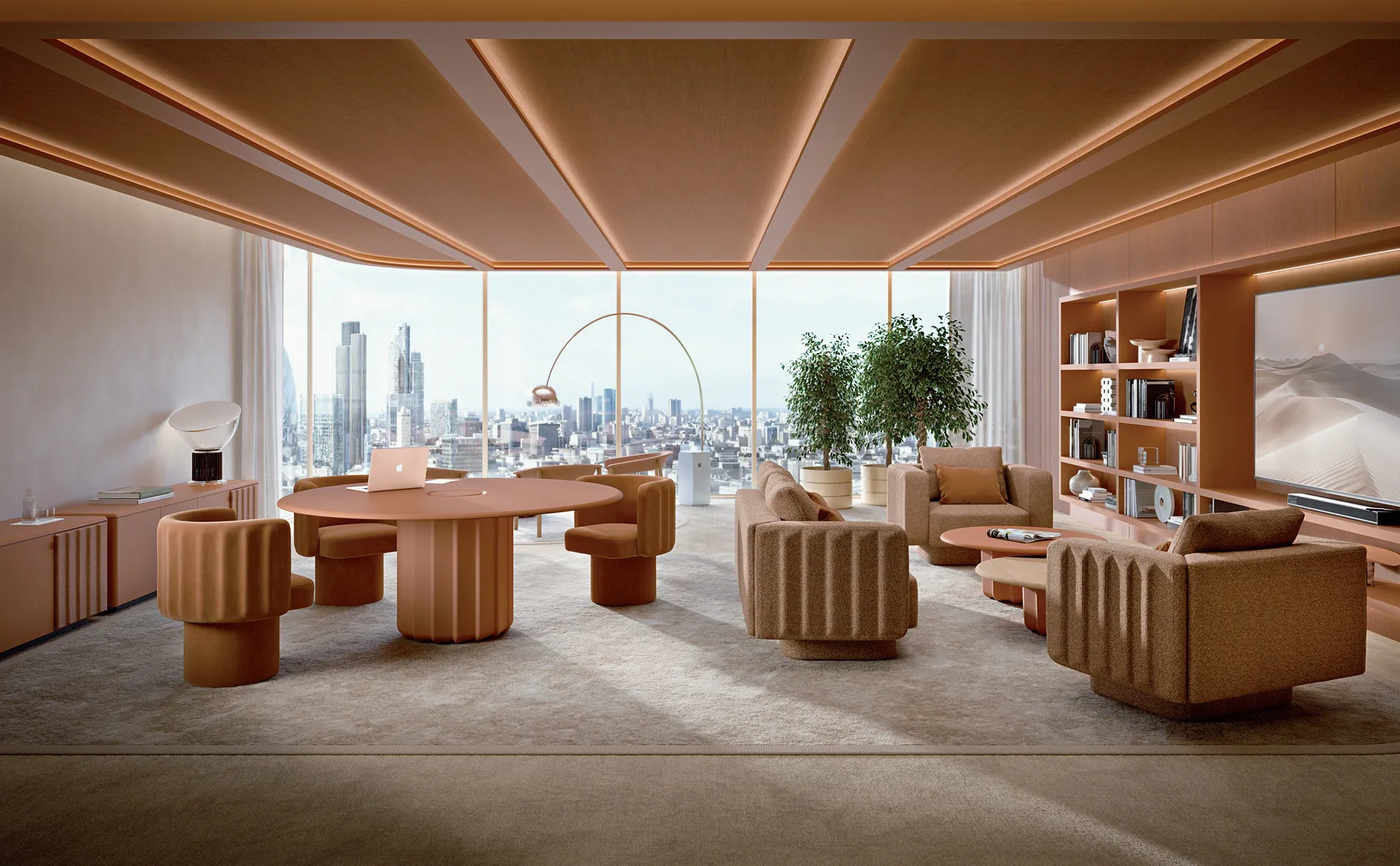 Table ronde design Sabree à pied central en finition terracotta dans un bureau de direction avec chaises Lash et vue sur le skyline — Frezza