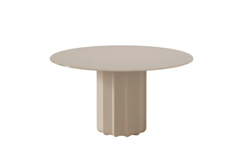 Table ronde design Sabree à pied central sculptural en finition greige ton sur ton, vue frontale sur fond blanc — Frezza
