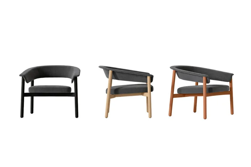 Lash chaise bois avec accoudoir en tissu anthracite, trois vues avec base noire et base en chêne naturel — design italien Sabree