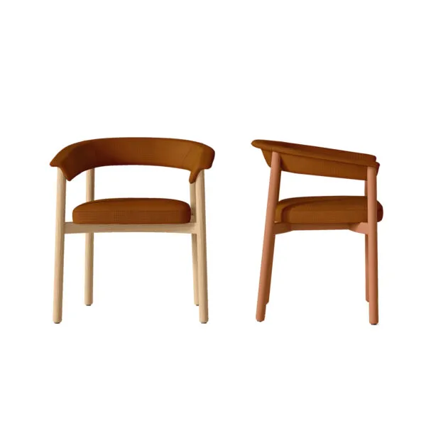 Lash chaise de design en bois cognac, trois vues avec base en chêne naturel et base noire — design italien Sabree