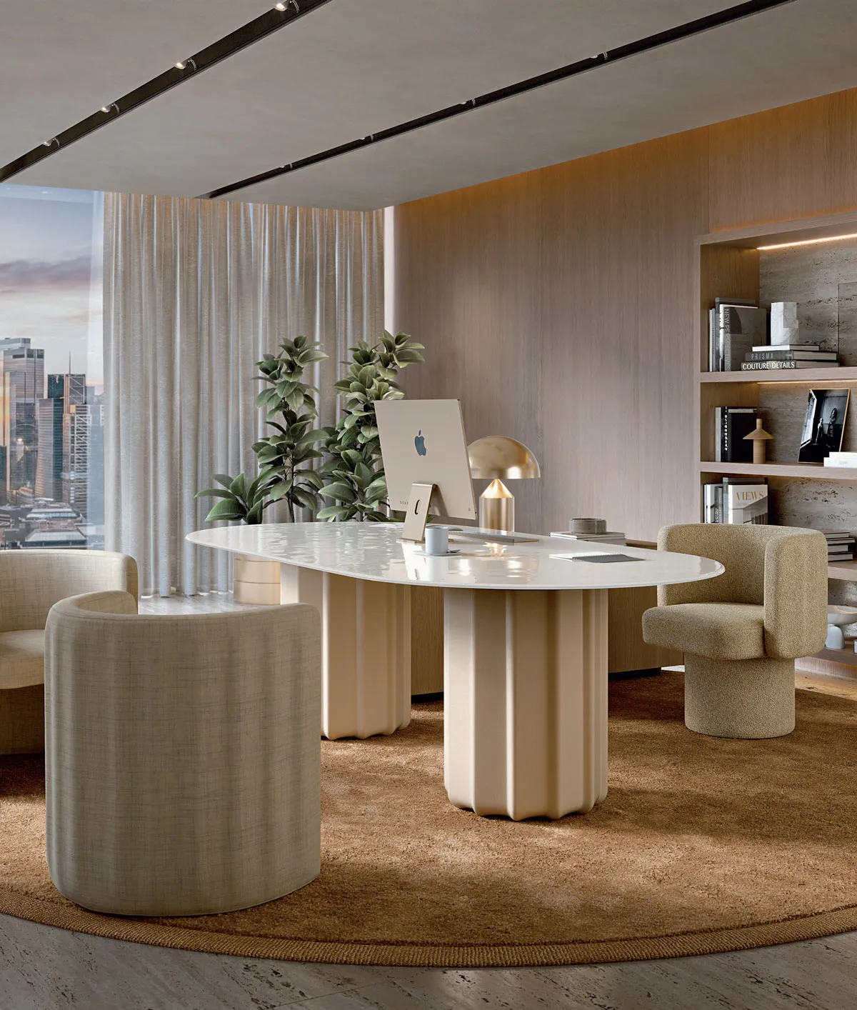 Table ronde design Sabree à pied central avec plateau blanc dans un bureau de direction neutre avec vue panoramique sur la ville — Frezza