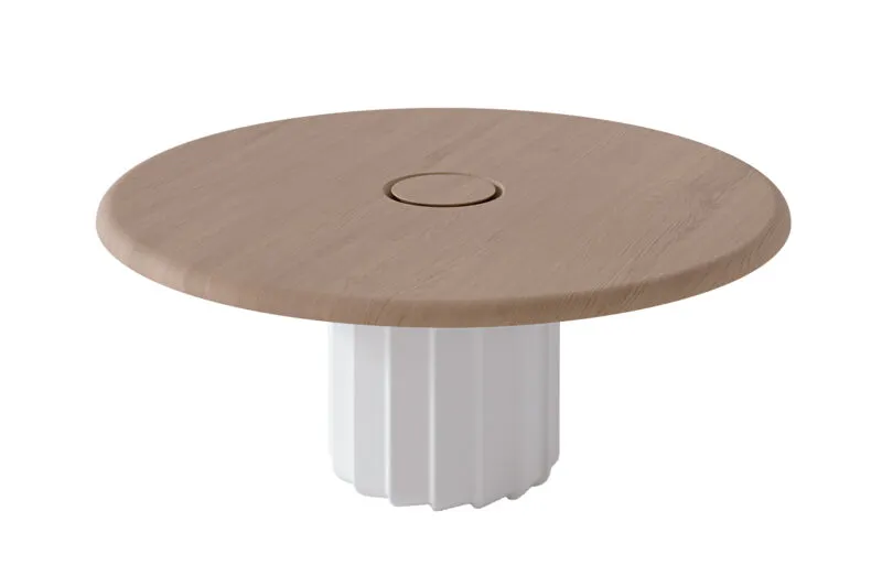 Table ronde design Sabree à pied central avec plateau en chêne, solution d'électrification intégrée et base blanche, vue de dessus — Frezza