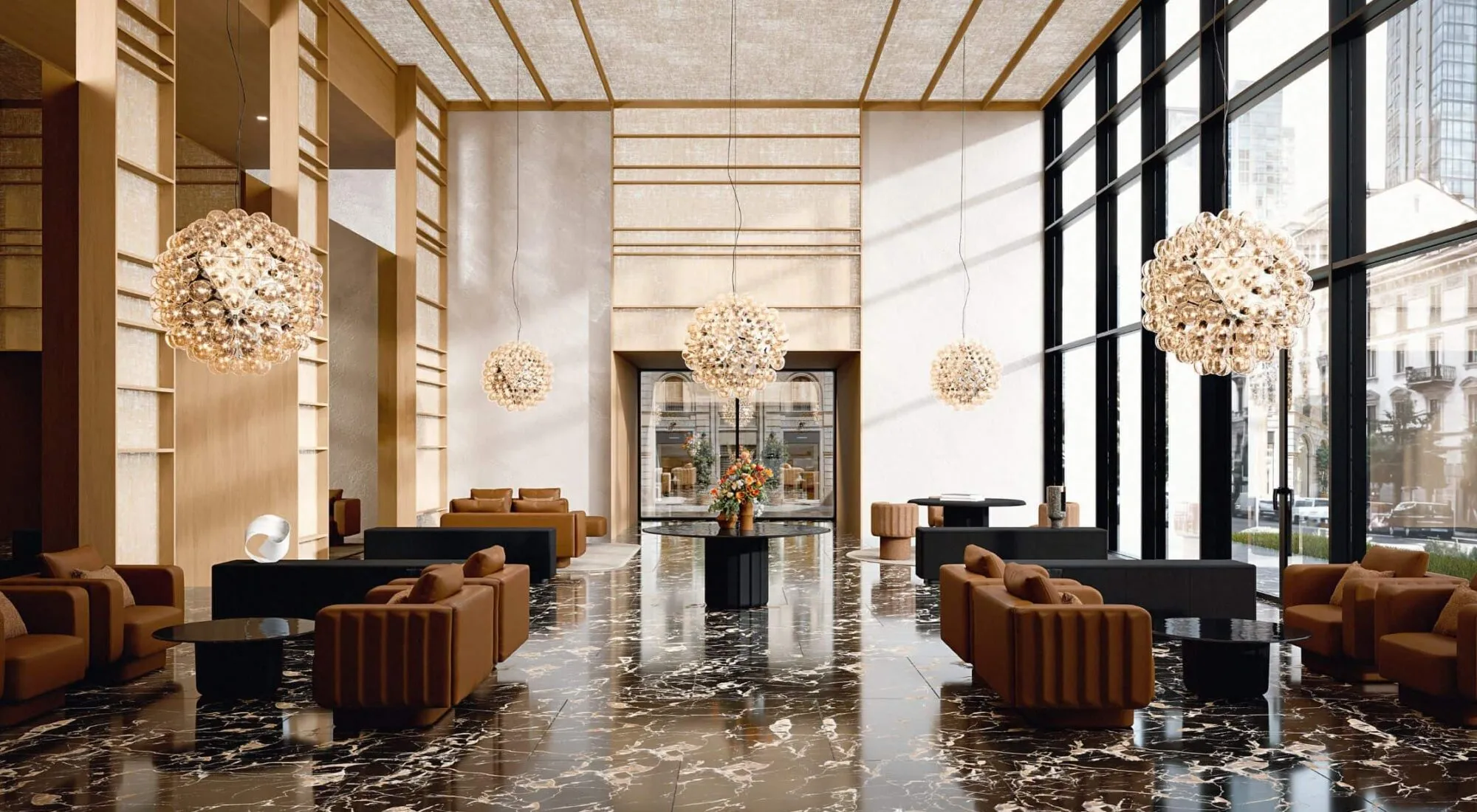 Canapés pour salles d'attente en cuir dans un espace lounge hôtelier contemporain au sol en marbre