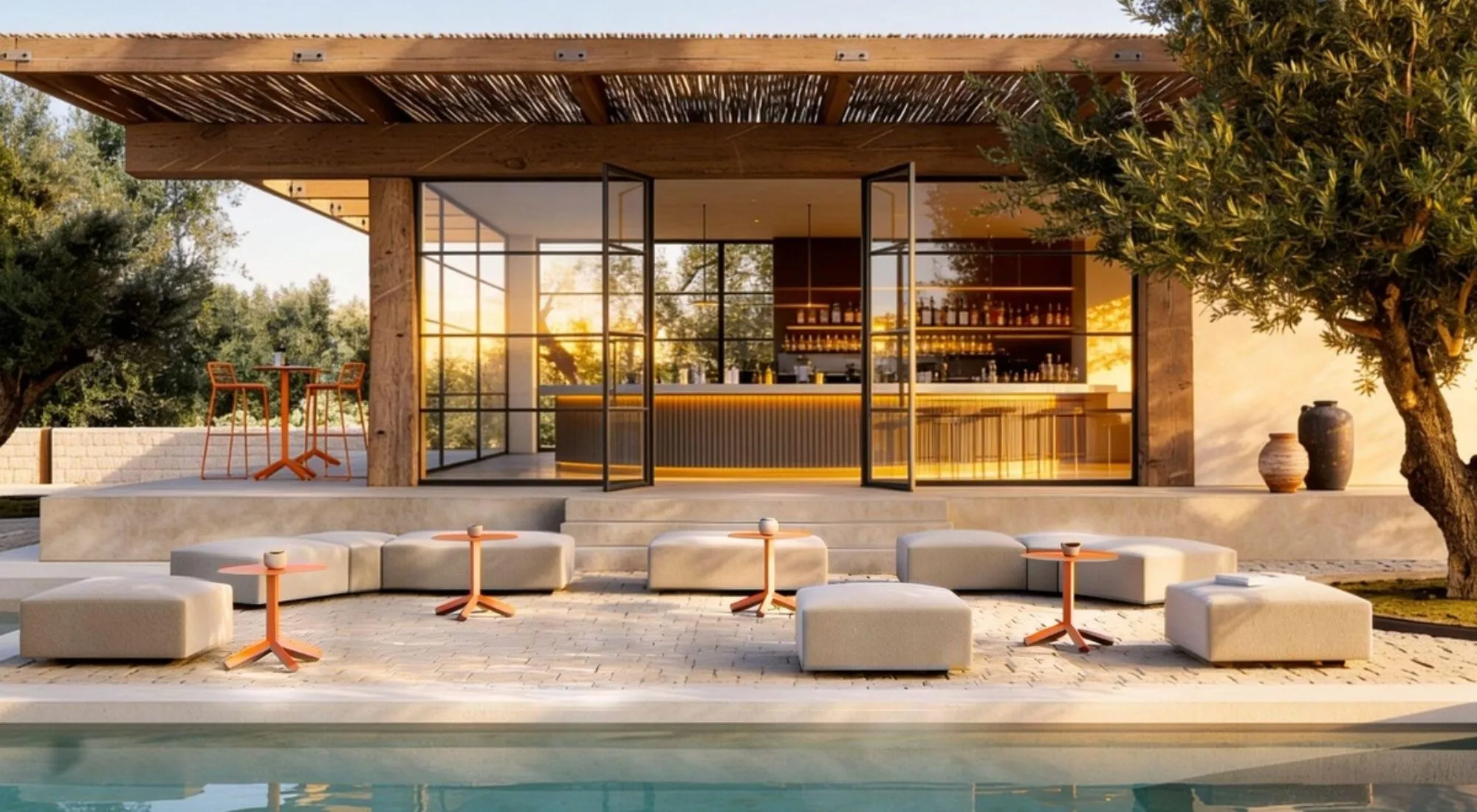 Dehor di un ristorante con pouf modulari e tavolini Frezza a bordo piscina