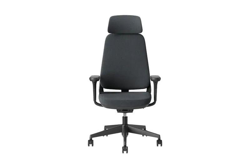 Sedia ufficio ergonomica professionale Areca Fabric con schienale alto rivestito in tessuto grigio antracite e poggiatesta, vista frontale