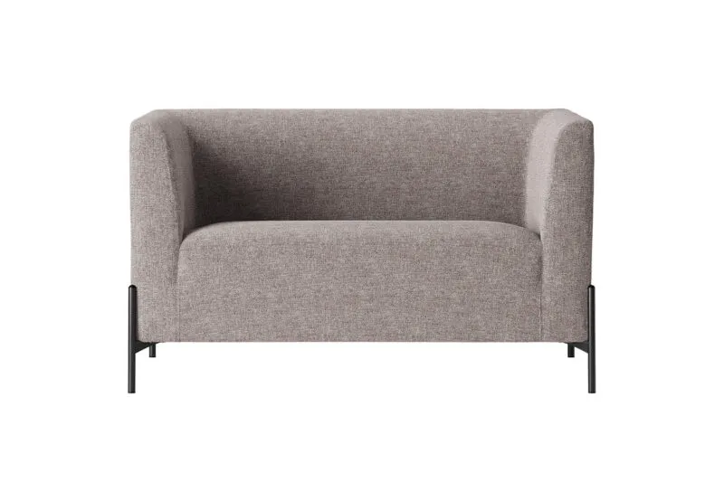 Clint two-seater sofa in grey melange fabric with black cylindrical steel feet, front view
