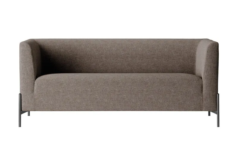 Clint three-seater sofa in taupe grey fabric with cylindrical painted steel feet, front view