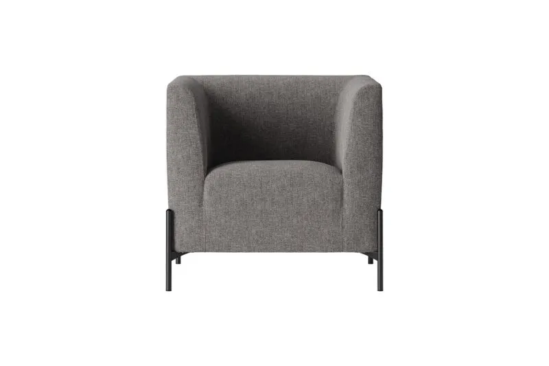 Clint armchair in anthracite grey fabric with black cylindrical steel feet, front view