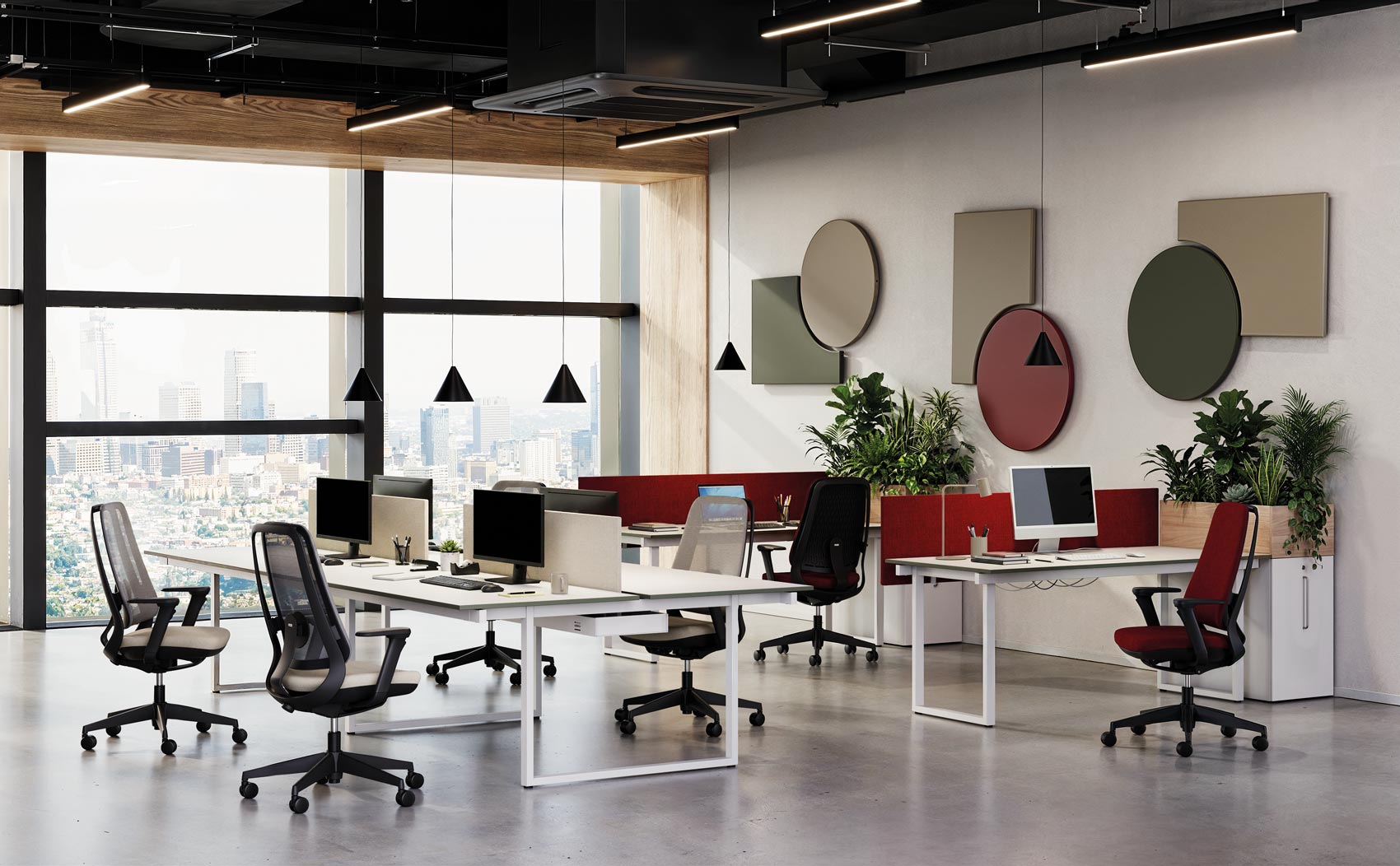 Areca collection: mesh office chairs in beige and black and in red fabric, around bench desks in an open-plan office with city view
