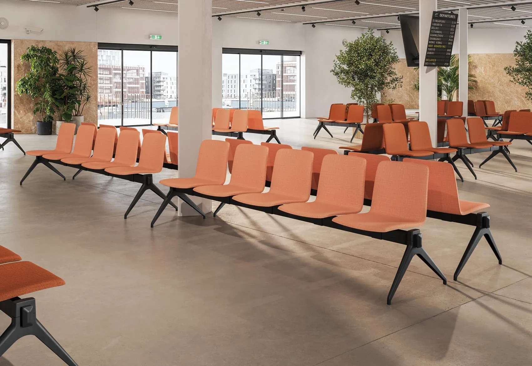Panche imbottite sala d'attesa Yo Upholstered Bench a 5 posti rivestite in tessuto color terracotta, barra in acciaio e gambe a V rovesciata nere, in un'ampia area d'attesa Frezza