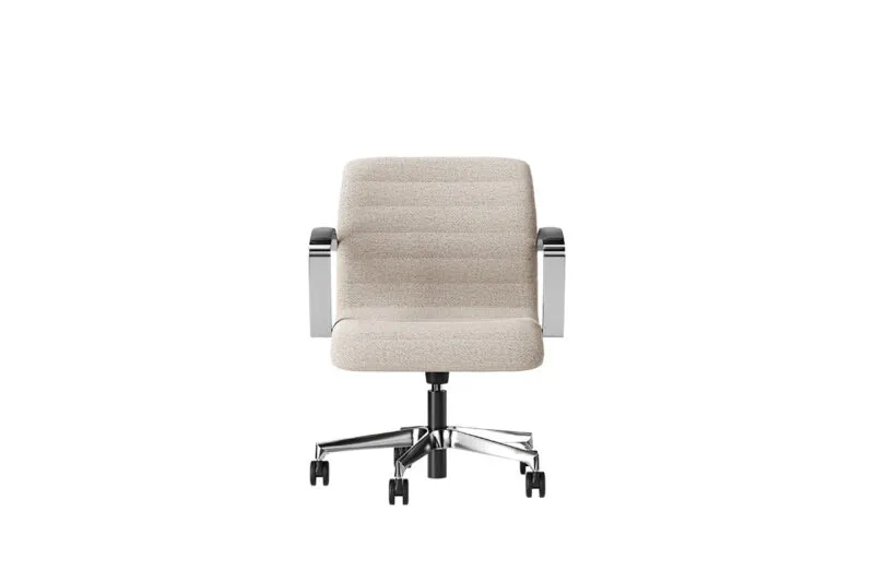 Florence upholstered executive chair, low back in beige fabric with polished aluminium armrests and base, front view