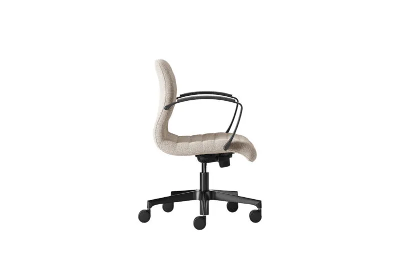 Side view of the Florence upholstered executive chair, low back in beige with black armrests and base