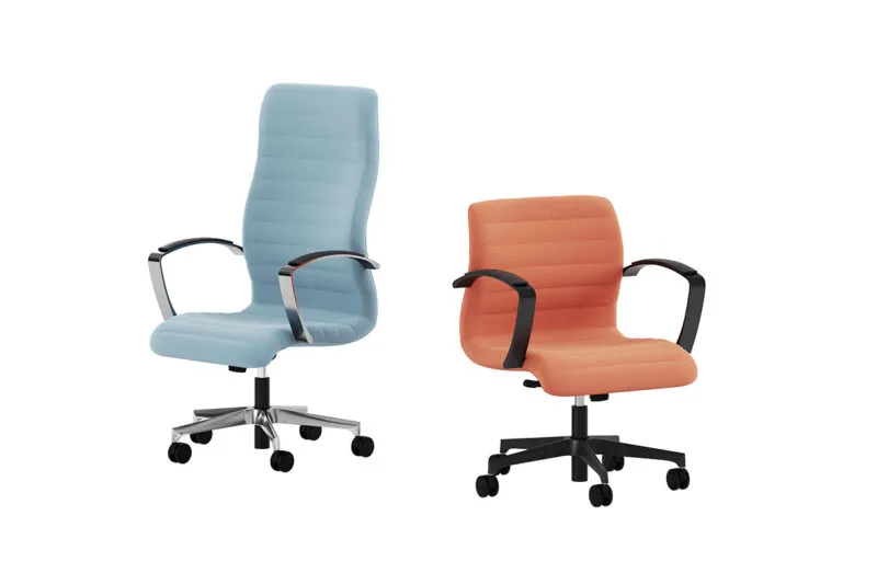 Florence upholstered executive chair in fabric, light blue high back and orange low back versions