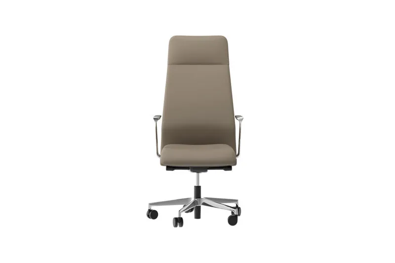 Premium office chair Deva Premium in taupe leather with high back, polished aluminium armrests and 5-star base - Frezza
