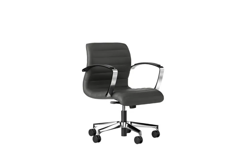 Florence upholstered executive chair, low back in black faux leather with polished aluminium armrests, three-quarter view