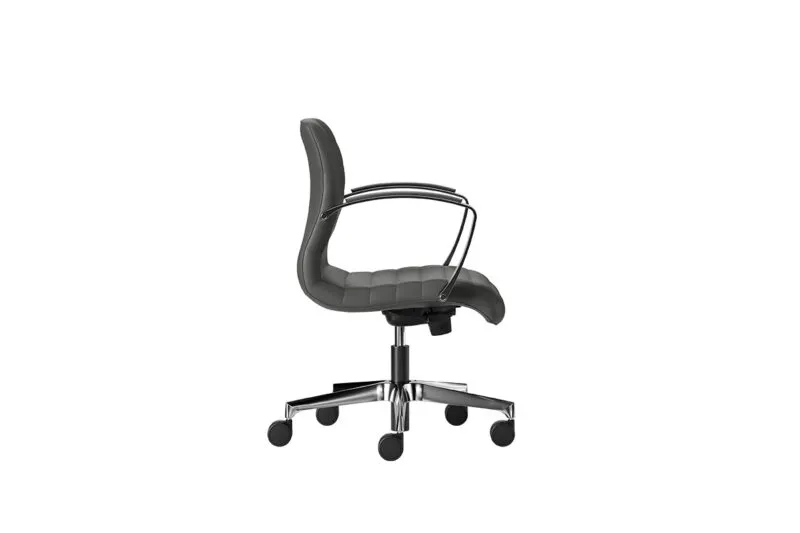 Profile of the Florence upholstered executive chair, low back in black faux leather with polished aluminium base