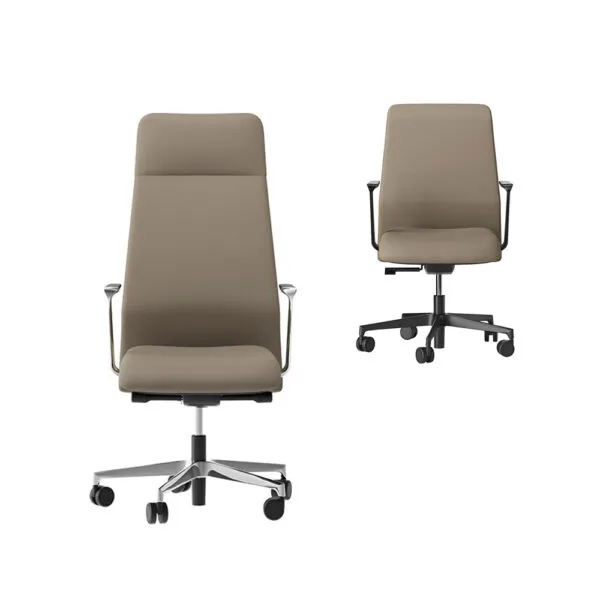 Sedia ufficio pelle Deva Premium tortora nelle versioni con schienale alto e base in alluminio lucido e schienale medio con base nera - Frezza