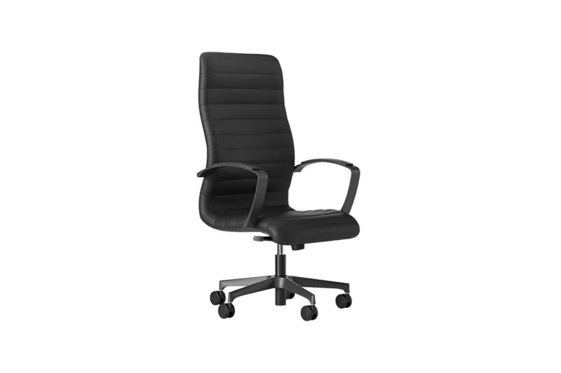 Florence upholstered executive chair with high back in black faux leather, three-quarter view