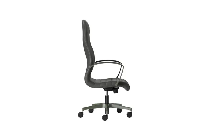 Profile of the Florence upholstered executive chair, high back in dark grey with Grigio Verdastro base
