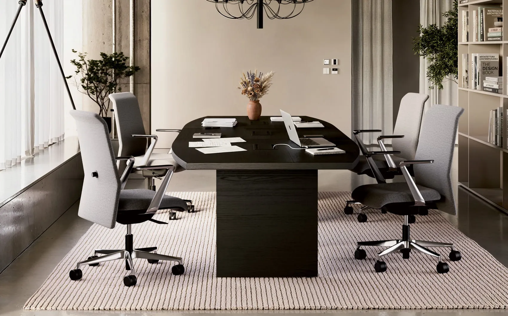 Premium office chair Deva Premium with medium back in grey fabric, around a Frezza meeting table