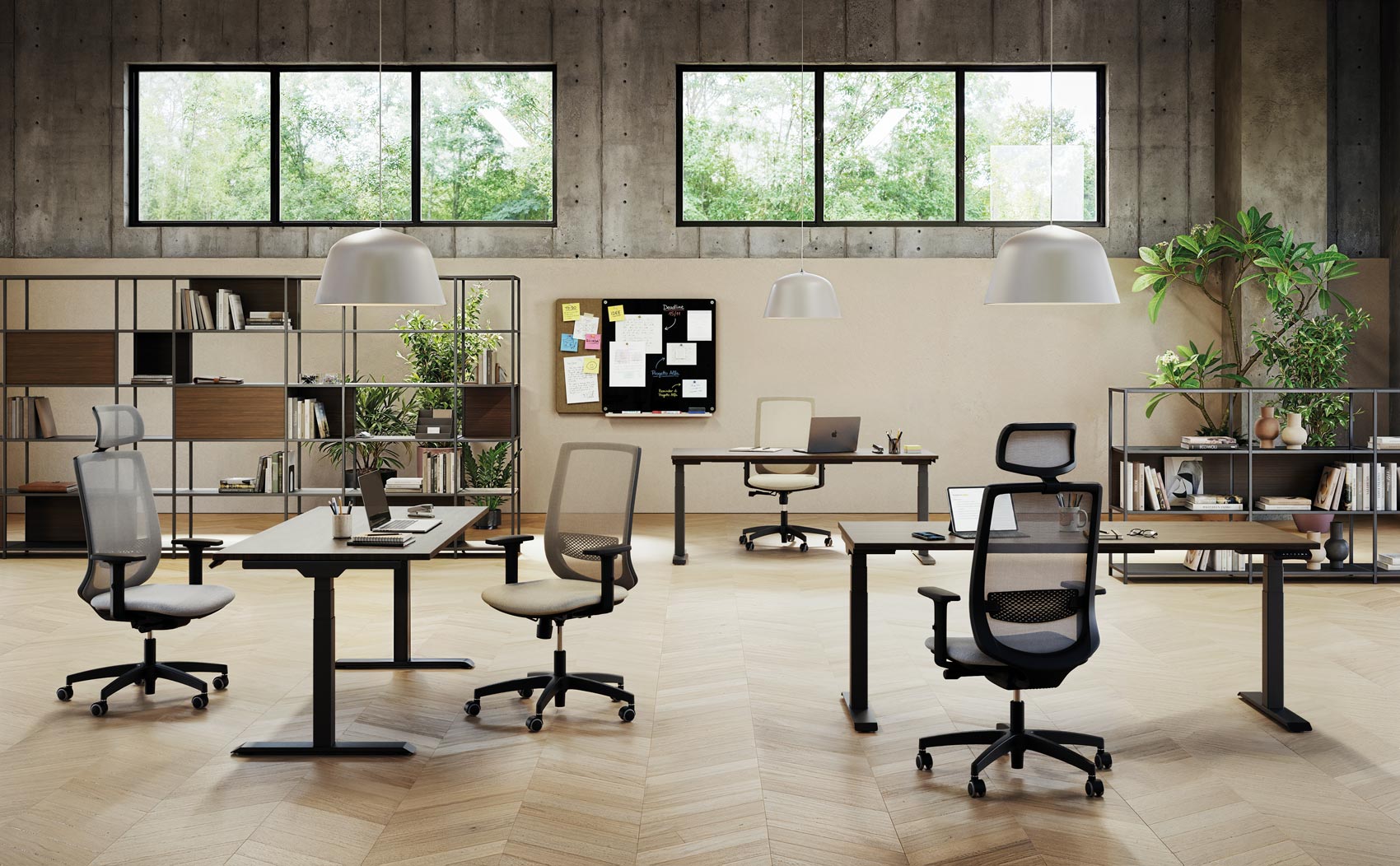 Collezione Viggo, sedie da ufficio con ruote in grigio e nero, con e senza poggiatesta, in un open space con scrivanie regolabili in altezza e librerie metalliche