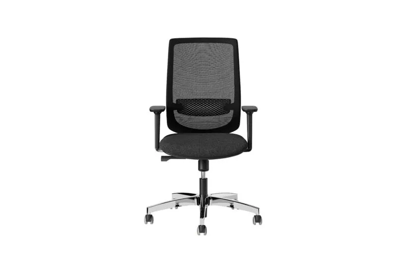 Viggo, sedia ergonomica ufficio 8 ore con schienale in rete nero, braccioli regolabili e base a cinque razze in alluminio pressofuso lucido, vista frontale