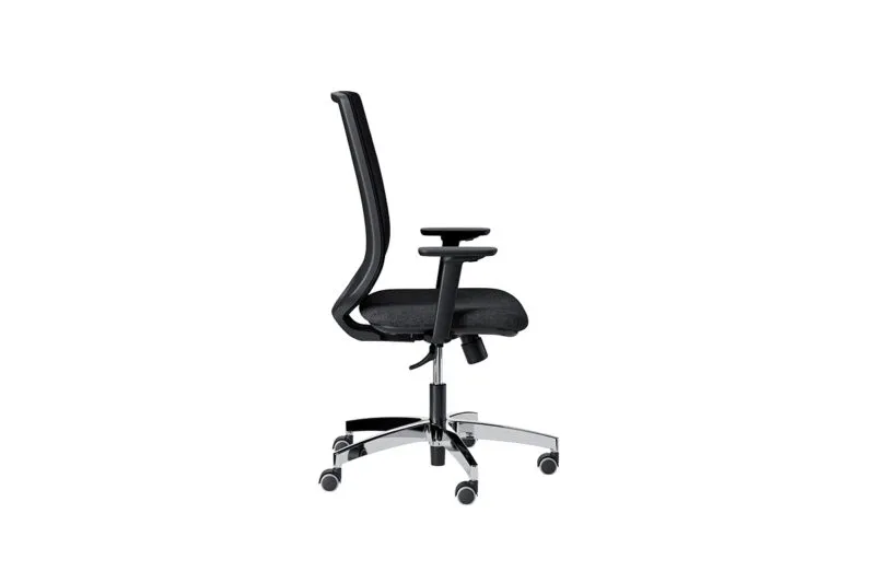Viggo, sedia ergonomica ufficio 8 ore vista di profilo con braccioli regolabili in altezza, profondità e rotazione, schienale in rete nero e base in alluminio pressofuso lucido