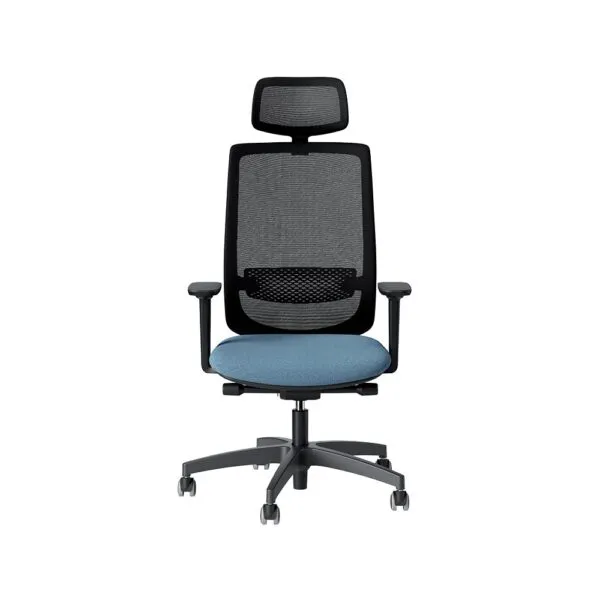 Viggo, sedia ergonomica ufficio 8 ore con poggiatesta in rete, schienale nero, sedile imbottito in tessuto azzurro, braccioli regolabili e base a cinque razze in nylon nero