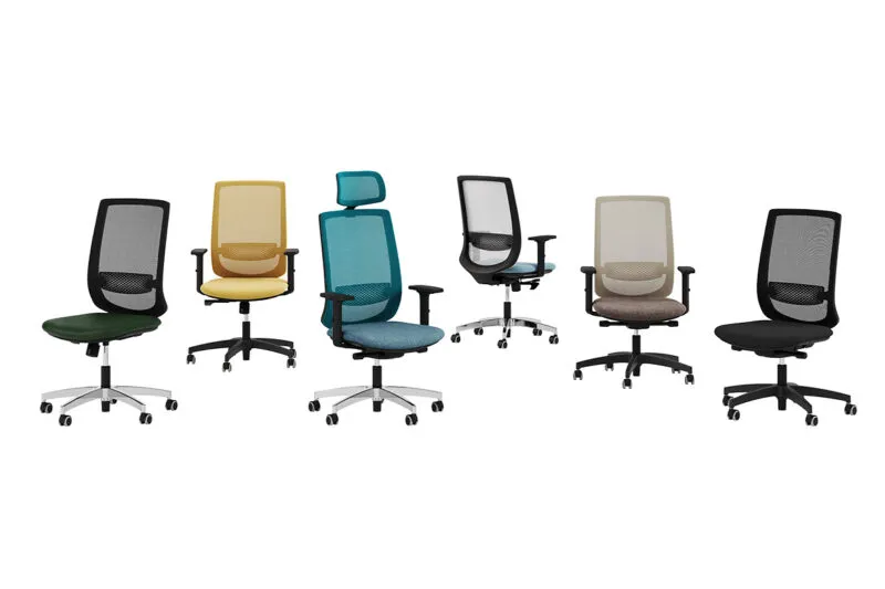 Gamma Viggo, sedia ergonomica ufficio 8 ore in sei configurazioni: schienale in rete nero, giallo, petrolio, bianco e tortora, con base in nylon nero o alluminio lucido