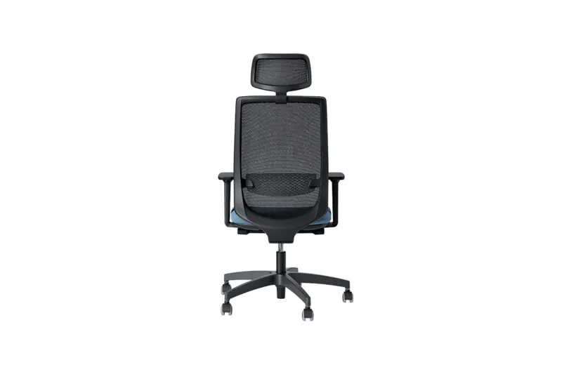 Viggo, sedia ergonomica ufficio 8 ore vista da dietro: poggiatesta e schienale in rete elasticizzata nera con regolazione lombare, braccioli regolabili e base in nylon nero